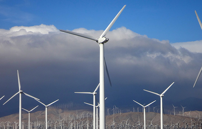 Area in California with endless wind turbines.