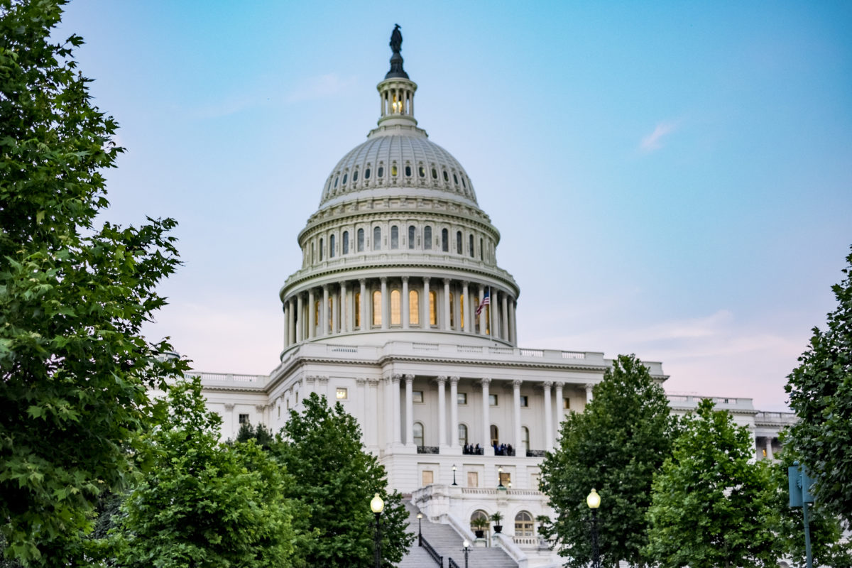 Capitol Building surrounded by trees, Washington DC, USA, 2017