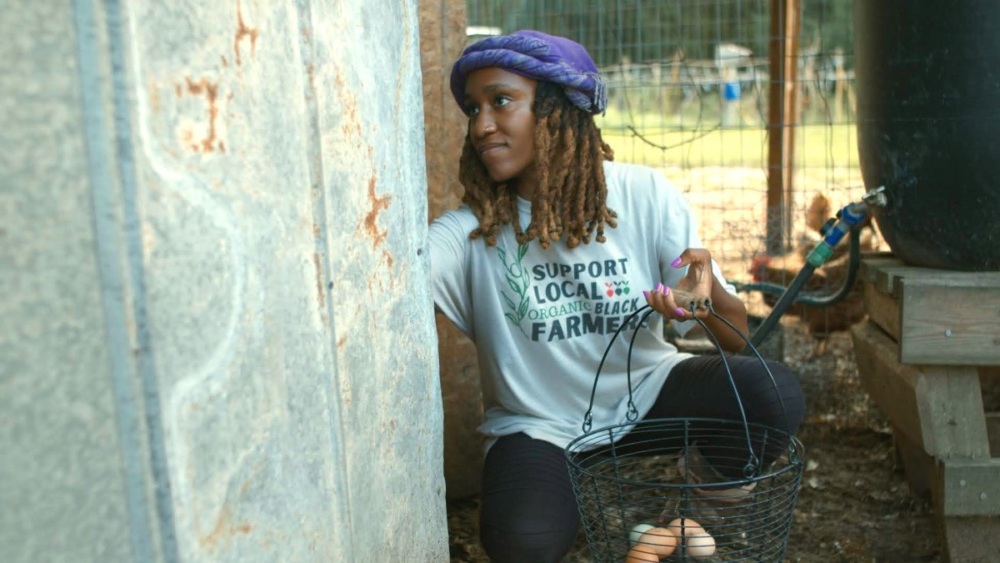 A young woman with a basket of eggs she' is collecting from the chicken coop.