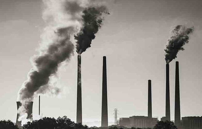 Billows of smoke rising from smoke stacks.