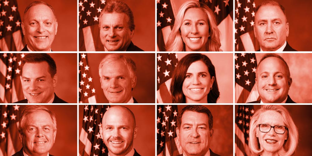 Collage of Republican hypocrites Representatives Andy Biggs (AZ-05), Buddy Carter (GA-01), Marjorie Taylor Greene (GA-14), Clay Higgins (LA-03), Richard Hudson (NC-09), Bob Latta (OH-05), Nancy Mace (SC-01), Russell Fry (SC-07), Ralph Norman (SC-O5), William Timmons (SC-04), Mark Green (TN-07), and Carol Miller (WV-01)