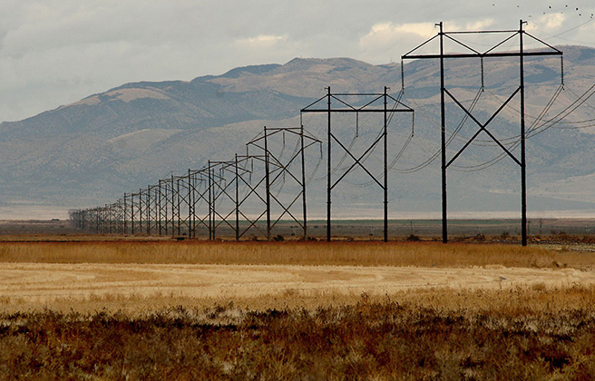 Electricity lines in a rural mountain area.