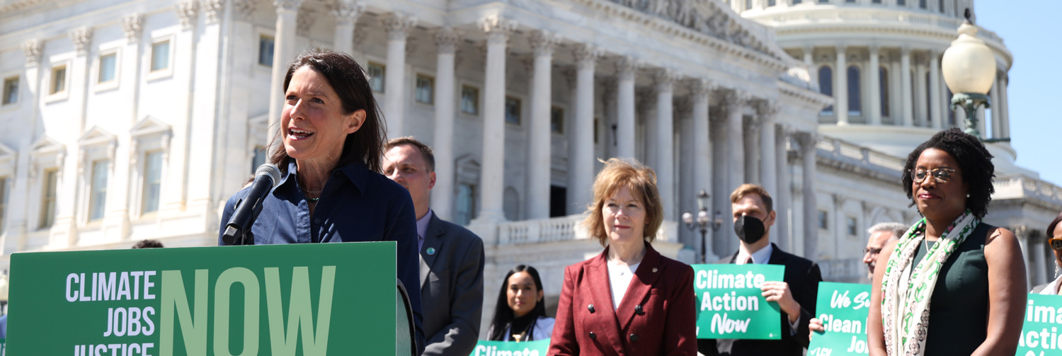 LCV's Tiernan Sittenfeld speaking in front of the U.S. Capitol building.