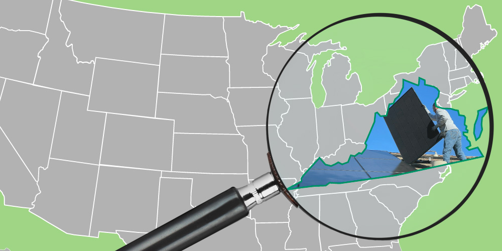Map of the United States with Virginia magnified with a photo of a solar panel install