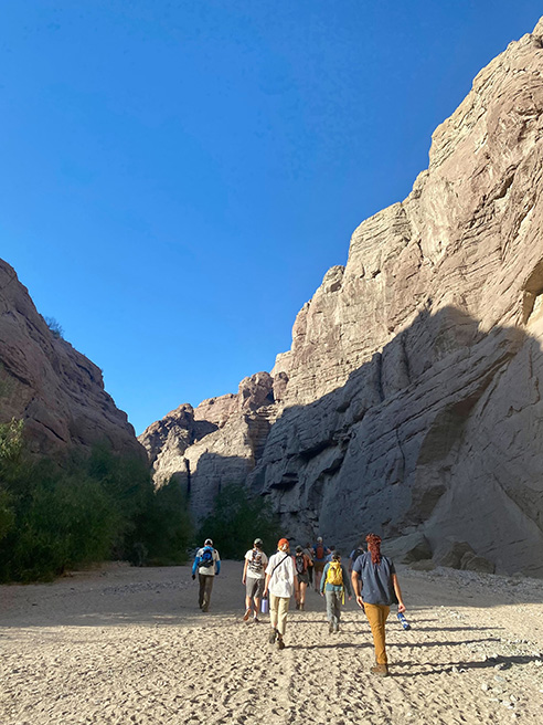 A group of people walking away against a desert mountain backdrop